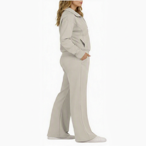 Conjunto de chándal de 2 piezas con cremallera y logotipo personalizado para mujer, chaqueta con cuello alto y pantalones acampanados de pierna ancha, conjunto de ropa informal suave para estar en casa - Product Image 5