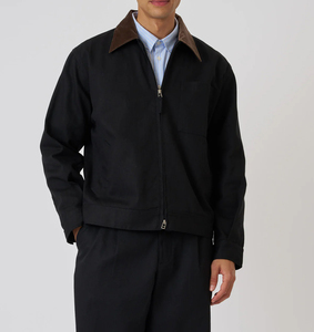 Mens Black <b>Canvas</b> <b>Work</b> <b>Jacket</b> With Brown Collar Zip Front Solid Color Autumn Wear <b>Work</b> <b>Jacket</b> - Product Image 1
