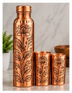 Luxury Copper <b>Water</b> <b>Bottle</b> Set with Geometric Pattern Portable Travel Drinkware Modern Design <b>Metal</b> Flask and Cups - Product Image 2