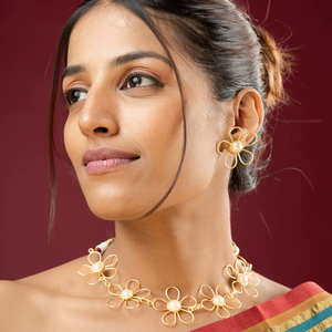 Gold Daisy Pearl <b>Necklace</b> for Women – Floral Chain <b>Statement</b> <b>Necklace</b> with Adjustable Thread - Product Image 1