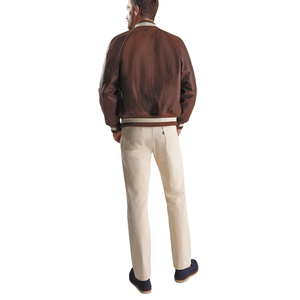 <b>Men</b>’s <b>Brown</b> Genuine <b>Leather</b> Bomber <b>Jackets</b> Striped Ribbed Collar Cuffs and Hems Zip Front Casual Premium Custom Winter Outerwear - Product Image 5