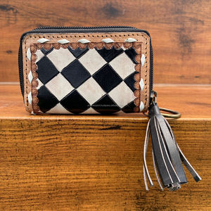 RTS 2025 New Card Holder Checkered Pattern Coin Purse Mini Business Hand Tooled Genuine Leather ID Credit Card Holders for Women - Product Image 4