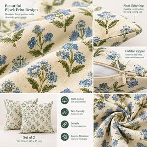 Fundas de Almohada de Poliéster con Estampado Antipolvo y Antiácaros, Estilo Vintage, 18x18 Pulgadas, Juego de 2, Venta al Por Mayor |   Decoración Floral Azul Verde para el Hogar - Product Image 3