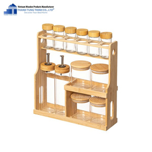 Étagère à épices en bois Thanh Tung Thinh avec 10 bocaux en verre, organisateur de rangement de cuisine en bois naturel, ensemble de forme rectangulaire - Product Image 2