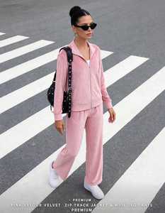 <b>Women's</b> Pink <b>Velour</b> Velvet 2 in 1 Lightweight Sports <b>Tracksuit</b> Set with Zip Track Jacket and Wide Leg Pants - Product Image 1