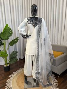 White Embroidered Straight Cut <b>Kurta</b> Set With Palazzo Pants And Dupatta Traditional <b>Indian</b> Pakistani Wear - Product Image 4