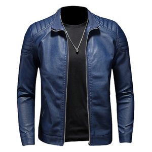 Chaqueta de Motociclista de Cuero PU Azul para Hombre GURUNA-Z-INDUSTRY, Cuello Alto, Cierre de Cremallera, Corte Ajustado, Color Sólido, Forro de Lana Gruesa, Estilo Vintage - Product Image 1