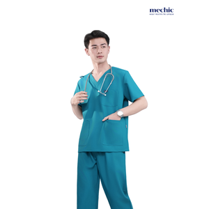 Ensemble de blouses médicales pour hommes Mechanic, couleur turquoise, col en V, manches courtes, uniforme d'hôpital, pantalon en coton et polyester tissé inclus - Product Image 4