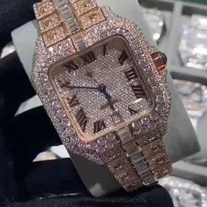 Montre de luxe pour homme en or rose sertie de diamants carrés, cadran romain en acier inoxydable, montre automatique de poignet haut de gamme - Product Image 1
