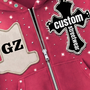 Custom Y2K Rhinestone Zip Up Hoodie Men Embroidered Patch Heavyweight Distressed Cotton Oversized Pink <b>Punk</b> Trendy Streetwear - Product Image 6