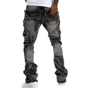 Vaqueros negros de mezclilla para hombre, estilo vintage, con efecto desgastado, flecos y rotos, de pierna recta, para invierno, estilo urbano informal. - Product Image 2