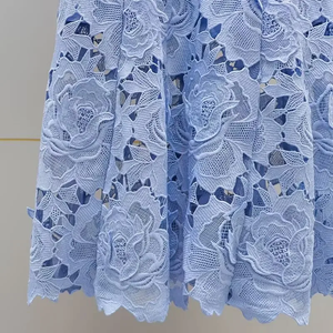 Robe de soirée longue pour femme, bleu clair, en dentelle, col montant, manches courtes, imprimé floral, coupe trompette, élégante et modeste - Product Image 6