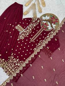 Modern Wine Indo Western Georgette Short <b>Tunic</b> with Statement Flared Bottoms Contemporary Fusion Evening Wear 3-Piece - Product Image 4