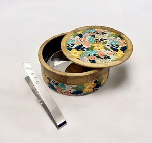 Rustic Wooden <b>Serving</b> Storage Bowl with Lid & Metal <b>Tong</b> Tableware Dinnerware Home Decor Foods & Snack Storage Box At Best Price - Product Image 1