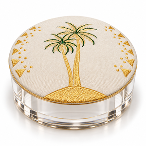 Caja Redonda de Acrílico para Chocolates con Tapa Bordada con Diseño de Palmera, para Bodas y Regalos Premium, Tamaños y Colores Personalizables Disponibles - Product Image 1