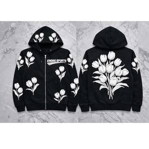 Top Quality Cotton Pullover Custom Puff Printing <b>Hoodie</b> White Tulip Flowers Design <b>Zip</b>-Up <b>Black</b> <b>Hoodie</b> OEM Manufacturer - Product Image 1