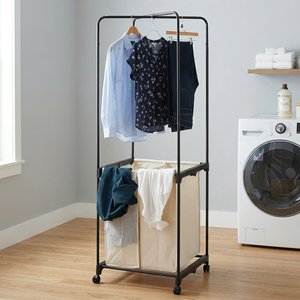 Gran Oferta al por Mayor: Carro Organizador de Ropa Multifuncional de Hierro Fundido con Cesto de Lavandería y Perchas Metálicas para Almacenamiento Doméstico - Product Image 1