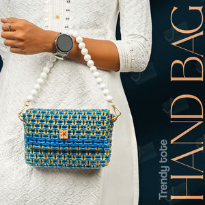 Elegant <b>Blue</b> and Gold Tote Handbag with Pearl Handle Sophisticated Stylish Shoulder <b>Bag</b> for Women Perfect for <b>Parties</b> and Daily - Product Image 4