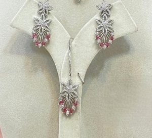 Stylish Premium Brass <b>Silver</b> Plated Zircon CZ <b>Necklace</b> Earring Tikka <b>Set</b> Women Trendy Engagement Party Wedding Gift - Product Image 2