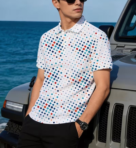 Men's White Polka Dot Polo Shirt Short Sleeve Casual Breathable Knitted Polyester Sportswear - Product Image 3