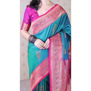 Sari en soie verte douce Banarasi tissé Zari motif paon, vêtements indiens et pakistanais, Elite Weaves 650g - Product Image 5