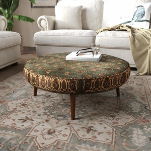 Circular Fabric <b>Pouf</b> With Abstract Geometric Pattern Wooden Legs Bohemian Living Room Decor - Product Image 1