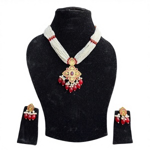 Ensemble de colliers pour femmes, technique d'incrustation sur base de laiton, couleur rose, bijoux ethniques indiens, qualité export. - Product Image 1