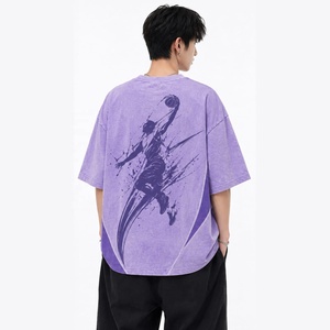 T-shirt vintage oversize 100 % coton pour homme, délavé effet soleil, tricoté, imprimé numérique basketball, 320g, streetwear décontracté de haute qualité - Product Image 4