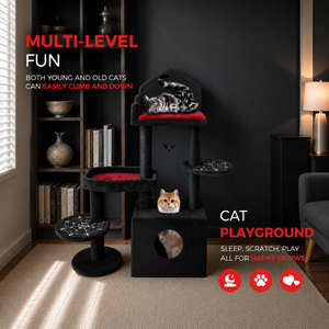 Arbre à chat moderne noir et rouge pour chats d'intérieur avec jouet interactif à gratter en sisal, emballé en carton pour plusieurs chats - Product Image 6