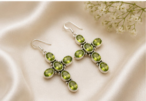 Natural Peridot Gemstone Cross <b>Earrings</b> 925 <b>Sterling</b> <b>Silver</b> Handmade <b>Dangle</b> <b>Earrings</b> Women Green Crystal Jewelry Gift - Product Image 2