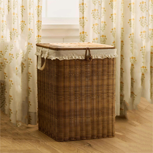 Handwoven Skirted Faux Rattan <b>Hamper</b> Natural <b>Wicker</b> Storage <b>Hamper</b> Tall Organizer For Bedroom Kids Room Nursery Decor - Product Image 1