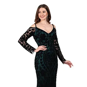 Robe longue de soirée élégante vert foncé à sequins, de luxe, à épaules dénudées, manches longues, ornée à la main, coupe sirène, pour soirée formelle et bal de promo - Product Image 1