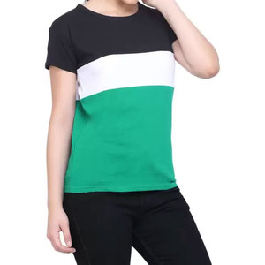 <b>Women</b> Color Block T-<b>Shirt</b> <b>Short</b> <b>Sleeve</b> O-Neck Casual Knitted Top Stripe Design Green <b>White</b> Black Regular Fit All Seasons - Product Image 1