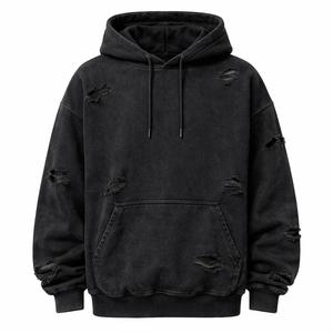 Sweat à capuche personnalisé pour homme, noir, 100% coton, surdimensionné, effet vieilli, brodé, épais, lavé, style streetwear, OEM ODM - Product Image 1