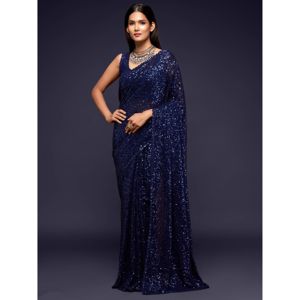 ชุดราตรีผ้าจอร์เจียประดับด้วยเลื่อมสีฟ้าบลัชออนสำหรับงานปาร์ตี้ส่าหรี - Product Image 1