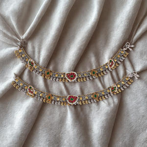 Traditional Kundan Anklets for Women Classic Oxidized Silver with Gold Leaf Charms Ethnic Foot Jewelry - Product Image 2