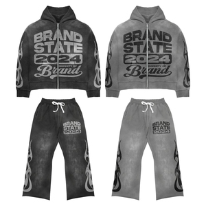 Custom Men Vintage Washed Tracksuit Set Zip Hoodie Jogger Set Flame Graphic Streetwear OEM ODM Private Label - Product Image 6