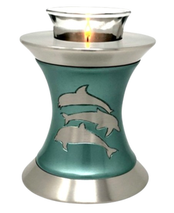 Urna de Cremación de Metal, Latón/Aluminio, Color Verde con Delfín Plateado, para Guardar Cenizas Funerarias, Estilo Moderno - Product Image 1