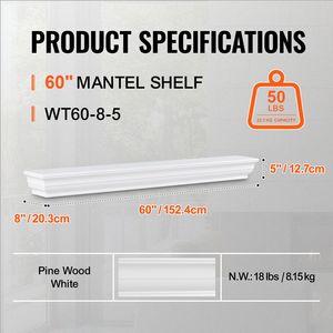 60\" X 8\" X 5\" Natural Wood <b>Fireplace</b> <b>Mantel</b> 50 Lbs Weight Capacity Wall Mounted Floating Farmhouse Style Display Shelves - Product Image 3