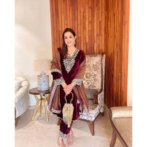 Aarohi Designer Women's <b>Red</b> Heavy Pure Viscose <b>Velvet</b> <b>Top</b> Bottom & Dupatta Set for Party Wear Size M - Product Image 6