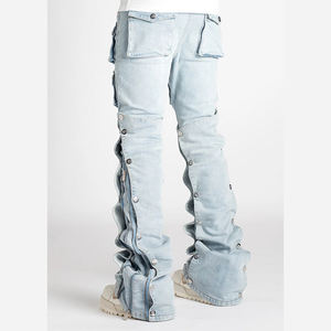 Men's <b>Jeans</b> Custom Fashionable Zipper Multi pockets with metal <b>buttons</b> washed 14 oz baggy <b>jeans</b> streetwear style for men - Product Image 5