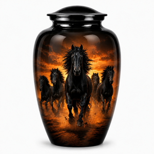 Hermosa urna funeraria de metal (latón/aluminio) con diseño de Luna Azul Antigua y Caballo Blanco para cenizas de adultos. - Product Image 5
