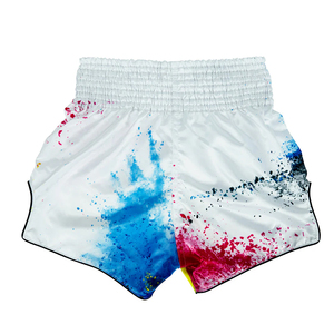 Shorts de Muay Thai personnalisés, coupe ajustée, blancs, avec motifs graphiques, pour la boxe, le kickboxing, l'entraînement, vêtements de combat OEM, shorts en satin respirants, best-seller - Product Image 2