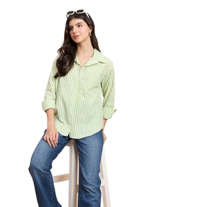 Women's Striped Cotton Button Down Shirt Loose Fit Three Quarter Sleeve Turn-down Collar Casual Spring Summer <b>Top</b> - Product Image 1
