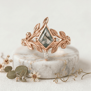 Anillo de compromiso de ágata musgosa con forma de hoja, tallado naturalmente, inspirado en enredaderas, joyería de cristal verde, pieza nupcial, suministro al por mayor OEM - Product Image 3