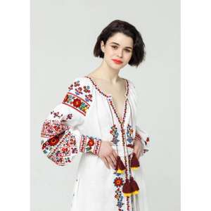 <b>Women</b> <b>White</b> Embroidered Long Boho Ethnic Maxi Kaftan Dress Full Sleeve Linen Natural Waist Washable Designer Wear - Product Image 3