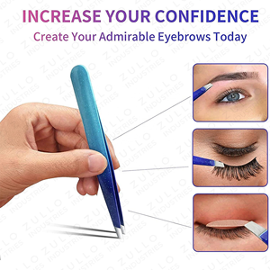 Juego de Pinzas para Cejas de Acero Inoxidable con Punta Inclinada en Degradado Azul Cielo, Estuche de Cuero PU, Herramienta de Belleza de Precisión, OEM - Product Image 3