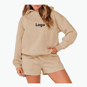 Conjunto de Sudadera con Capucha y Pantalones Cortos para Mujer, 100% Algodón, Ropa Casual, Tela Suave, Impresión de Logotipo Personalizado, Servicio OEM - Product Image 4