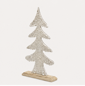 Textured Silver Aluminum Christmas <b>Tree</b> Sculpture on Natural Wood Base Modern <b>Tabletop</b> Xmas Decoration For Festive Home & Office - Product Image 5