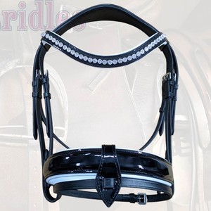 Premium Equestrian Neoprene <b>Padded</b> Cow Soft Leather Wide Patent Leather Full Cob for Snaffle Bridle 10mm White Crystal Browband - Product Image 1